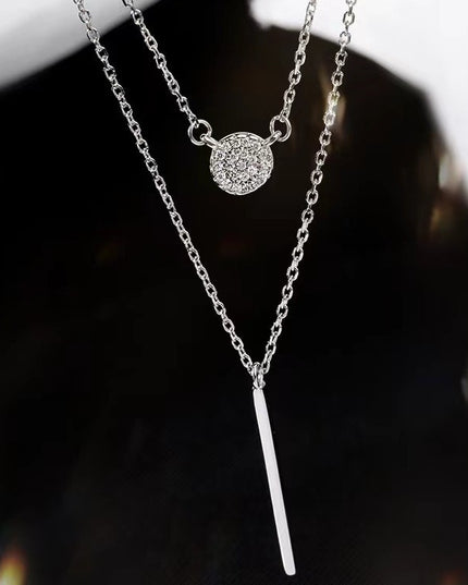 S925 Silver Color Double Chain Long Stick Micro Pave Zircon Round Pendant Necklaces For Women Trendy Jewelry