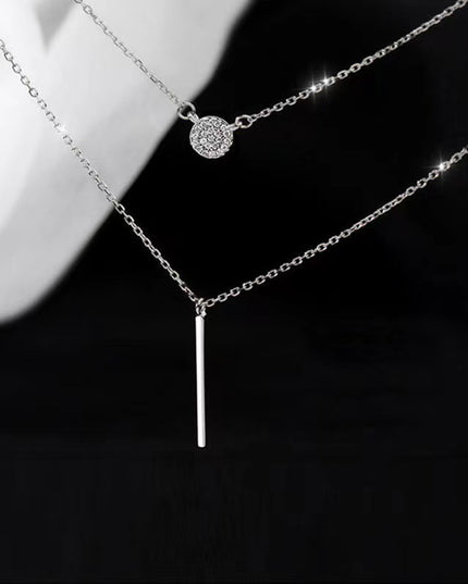 S925 Silver Color Double Chain Long Stick Micro Pave Zircon Round Pendant Necklaces For Women Trendy Jewelry