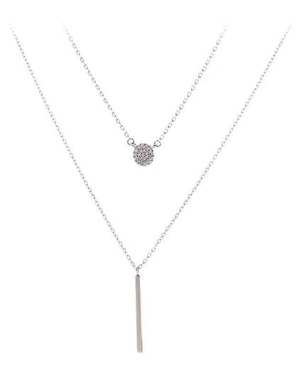 S925 Silver Color Double Chain Long Stick Micro Pave Zircon Round Pendant Necklaces For Women Trendy Jewelry