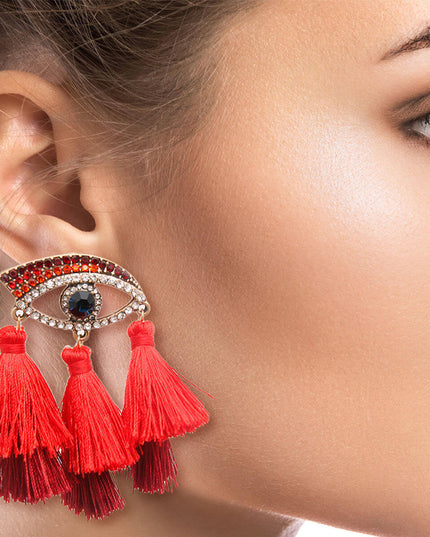 Red Evil Eye Tassel Earrings