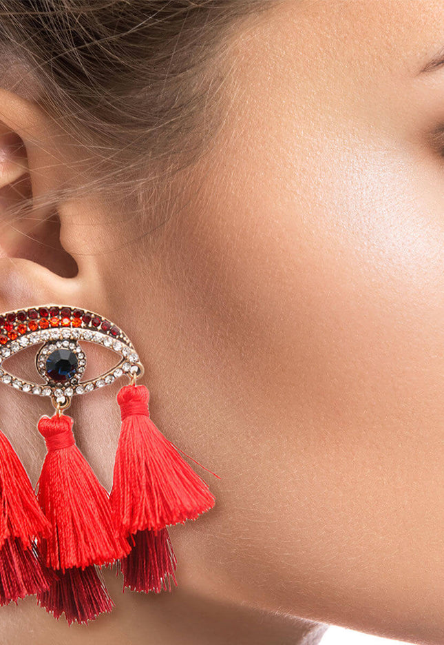 Red Evil Eye Tassel Earrings