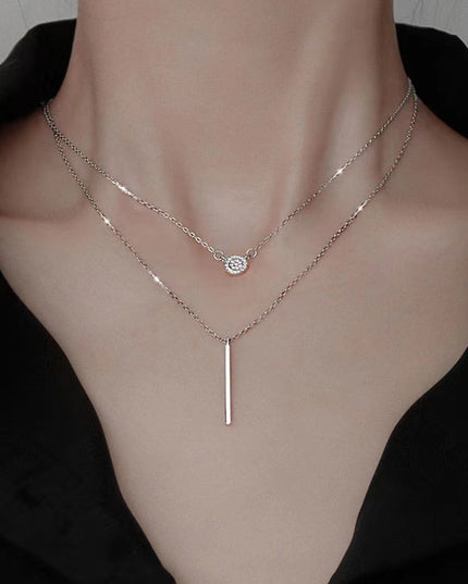 S925 Silver Color Double Chain Long Stick Micro Pave Zircon Round Pendant Necklaces For Women Trendy Jewelry