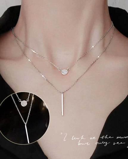 S925 Silver Color Double Chain Long Stick Micro Pave Zircon Round Pendant Necklaces For Women Trendy Jewelry