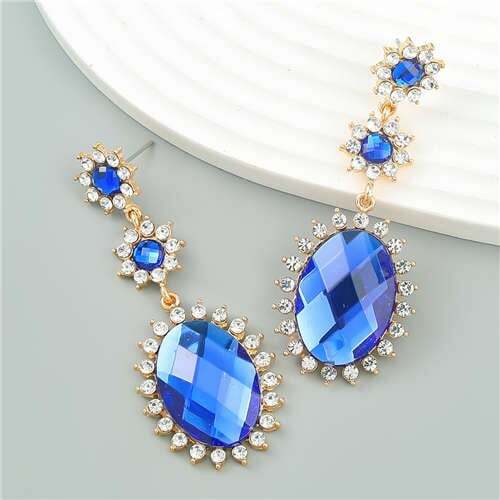 Vintage Elegant Royal Court Style Oval Pendant Sunflower Earrings - Blue